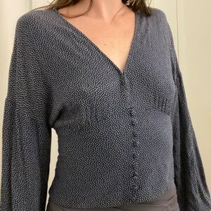 Abercrombie & fitch blue low V button shirt with white polka dots